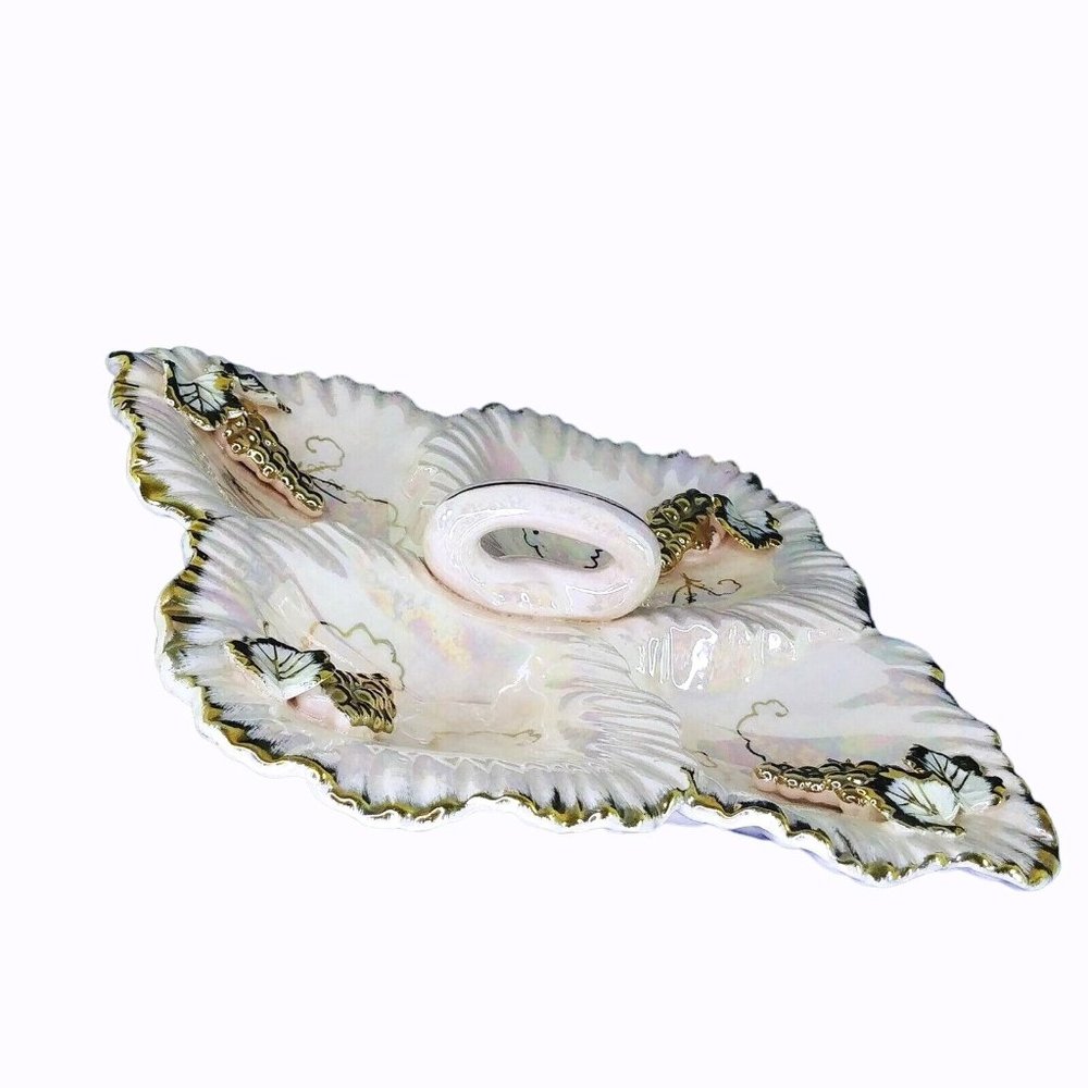 Dish Divided with Handle Pink Opalescent Gold Leaf Accents Collectible Vintage - Picture 4 of 9